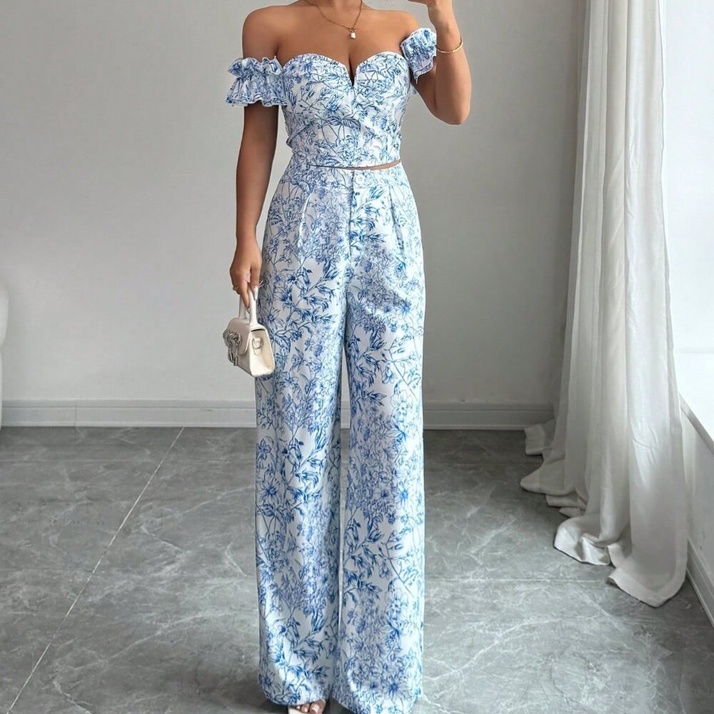 Blue And White Elegant Womens Top & Straight Leg Pants With Print Off Floral Set